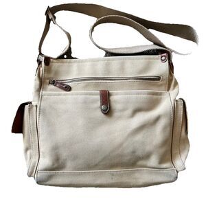 Fossil Adjustable Shoulder Crossbody Messenger Organizer Bag Tan Canvas Leather
